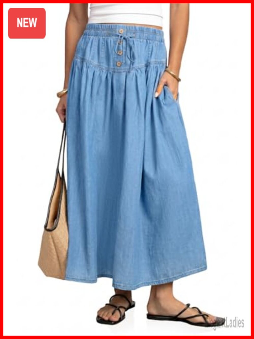 Womens High Waisted Denim Midi Skirt A-Line Button Front Pleated with Pockets